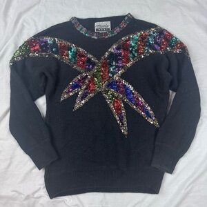 Marni West Vintage Sequin Beaded Sweater L Black Silk Angora Blend 80s